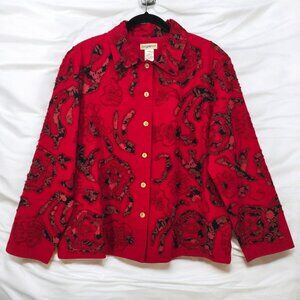 TravelSmith Blazer Jacket Woman Large Red Embroidered‎ Embellished Lined Artsy
